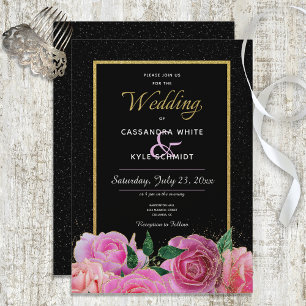 Black & Black Glitter & Pink Roses Wedding Invitation