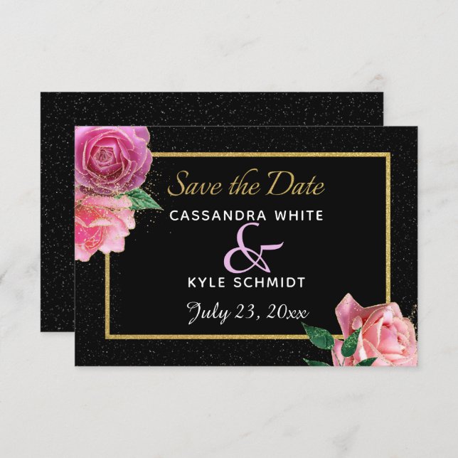 Black & Black Glitter & Pink Roses Wedding Save The Date (Front/Back)
