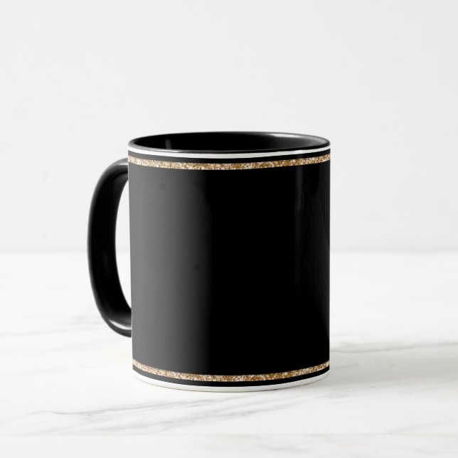 Black-black, simply elegant, gold trim, mug (Front Left)