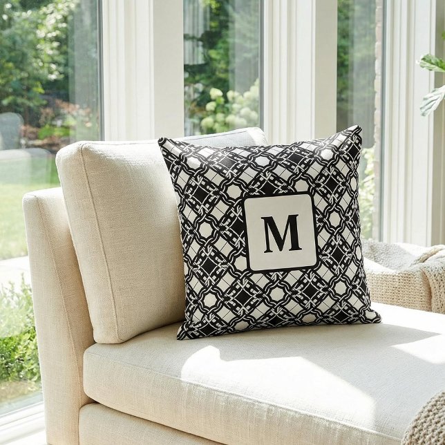 Black Black White Art Deco Monogram Pattern Cushion (Creator Uploaded)