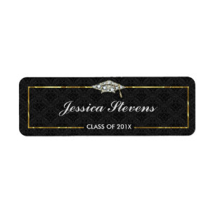 Black & Bling Graduation Hat With Gold Frame Return Address Label