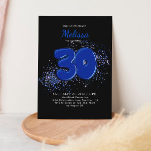 Black Blue 30th Balloons Confetti Adult Birthday Invitation