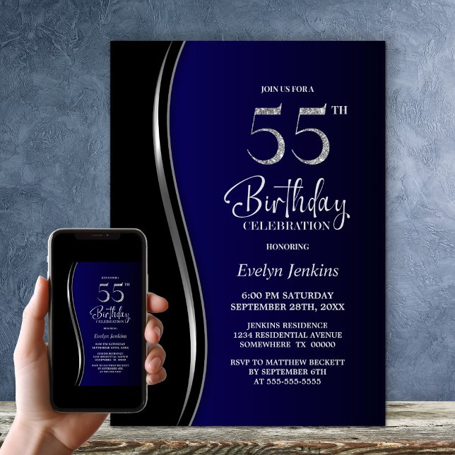 Black Blue 55th Birthday Party Invitation (Creator Uploaded)