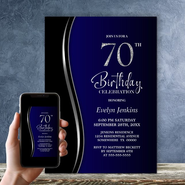 Black Blue 70th Birthday Party Invitation (Creator Uploaded)