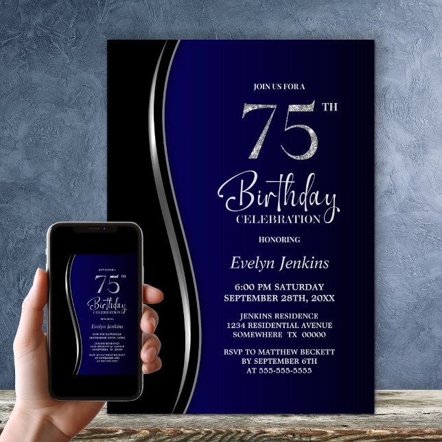 Black Blue 75th Birthday Party Invitation (Creator Uploaded)
