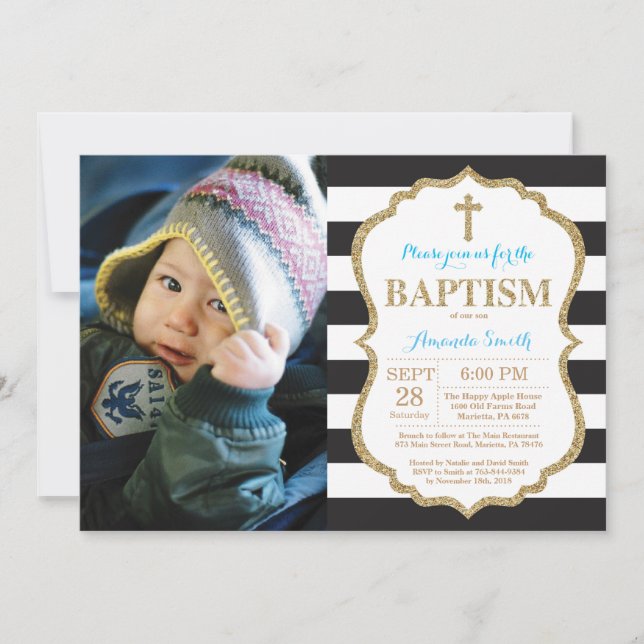 Black Blue and Gold Glitter Baptism Invitation (Front)