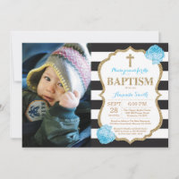 Black Blue and Gold Glitter Baptism Invitation