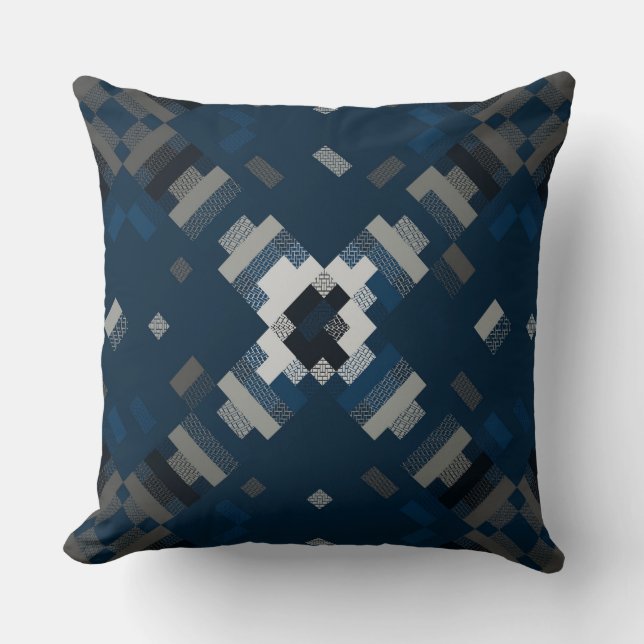 Black, Blue and Grey Geometric Abstract Cushion (Front)