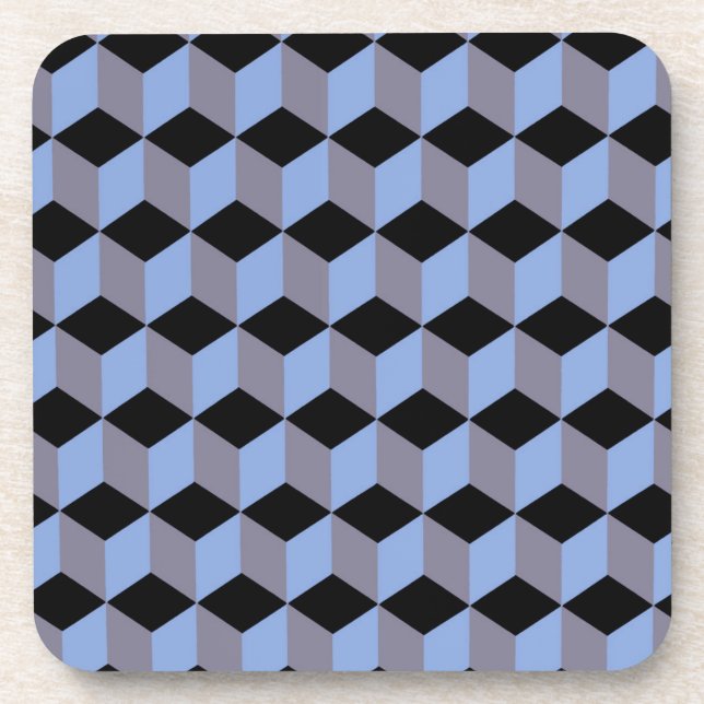 Black Blue and Heather Isometric Cube Patterns Coaster (Front)