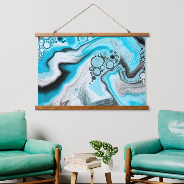 Black, Blue and  White Marble Bubbles Hanging Tapestry (Living Room)