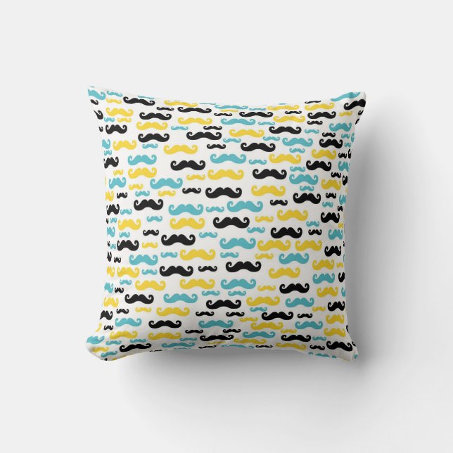 Black Blue and Yellow Moustaches Patterned Cushion (Front)