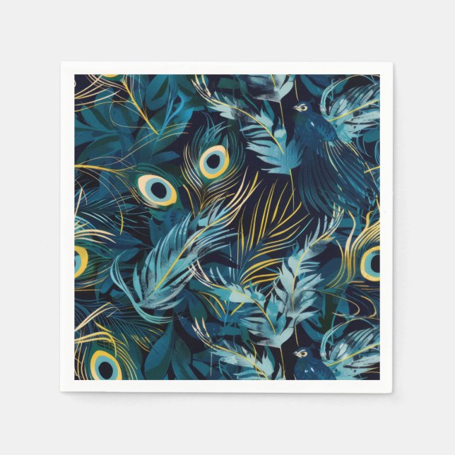 Black, blue and yellow peacock feathers pattern napkin (Front)