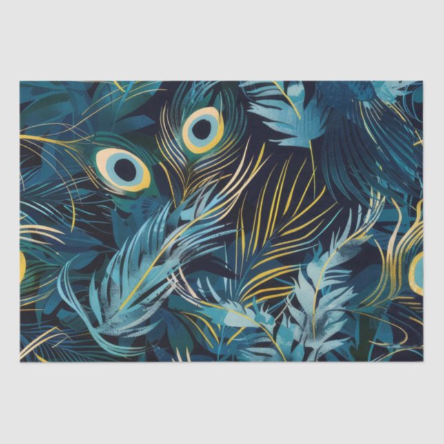 Black, blue and yellow peacock feathers pattern tissue paper (Front)