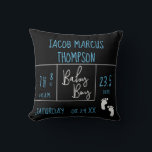 Black Blue Baby Boy photo with Birth Stats Cushion<br><div class="desc">Personalised this throw pillow with baby boy's photo on the back and the font is an elegant and modern mix of typography announcing baby's full name, birth date, weight, length, time of birth. "Baby boy" is done in a hand-lettering script font in the middle. The blue colours can be interchanged...</div>