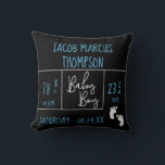 Black Blue Baby Boy photo with Birth Stats Cushion<br><div class="desc">Personalised this throw pillow with baby boy's photo on the back and the font is an elegant and modern mix of typography announcing baby's full name, birth date, weight, length, time of birth. "Baby boy" is done in a hand-lettering script font in the middle. The blue colours can be interchanged...</div>