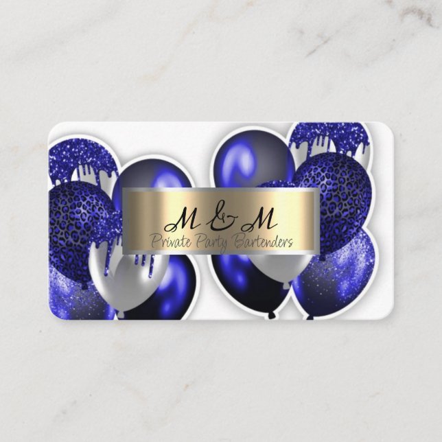 Black Blue Balloons White Real Gold Foil Business Card (Front)