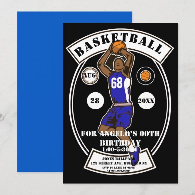 Black Blue Basketball Birthday Party Invites (Front/Back)