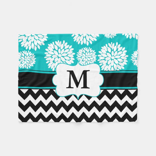 Black Blue Blooms Chevron Monogram Fleece Blanket (Front (Horizontal))