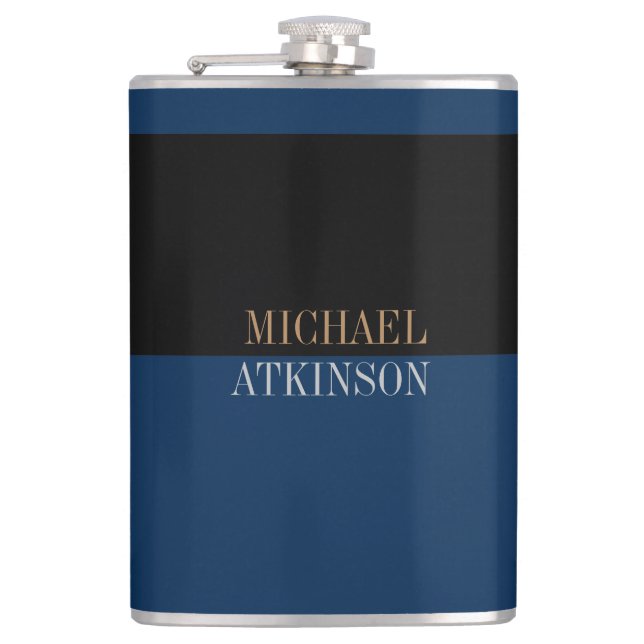 Black Blue Bold Text Trendy Stylish Your Name Hip Flask (Front)