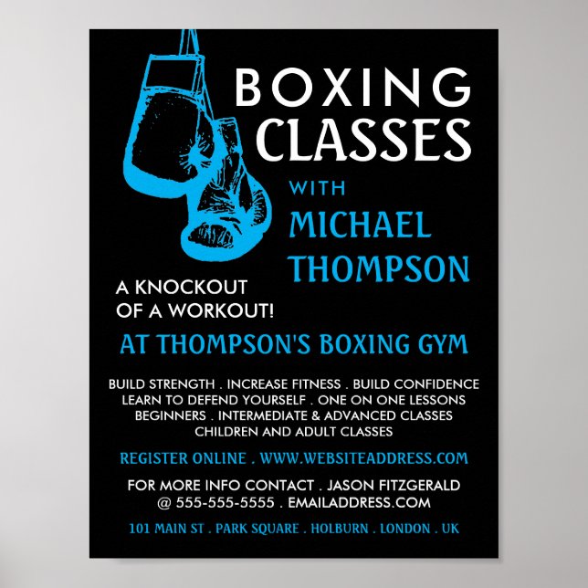 Black & Blue Boxing Gloves, Boxing Class Advert Poster (Front)