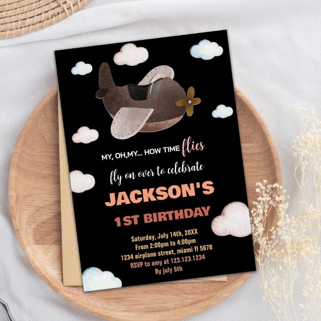 Black Blue Brown Aeroplane Birthday Invitations (Black Blue Brown Airplane Birthday Invitations)