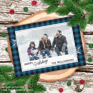 Black Blue Buffalo Lumberjack Plaid & Snowflakes Holiday Card