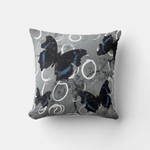 Black/ Blue Butterflies on Silver ground w/Circles Cushion