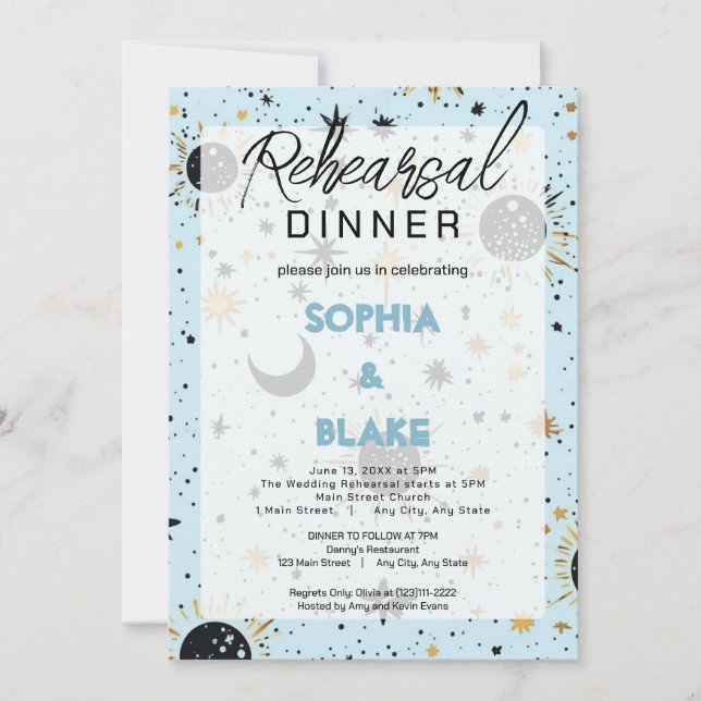 Black & Blue Celestial  Wedding Rehearsal Dinner Invitation (Front)