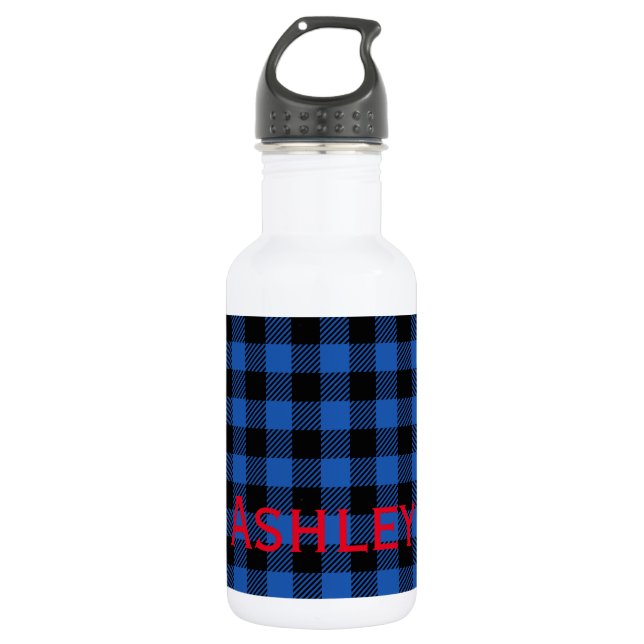 Black Blue Chequered Buffalo Pattern | Personalise 532 Ml Water Bottle (Front)