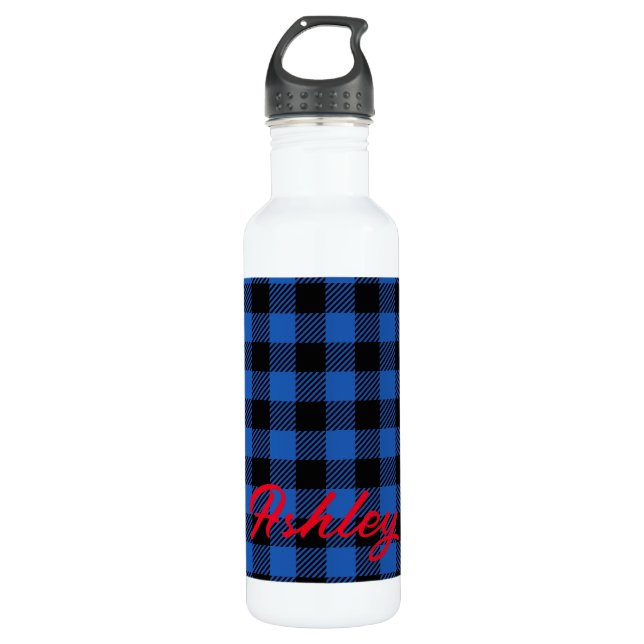 Black Blue Chequered Buffalo Pattern | Personalise 710 Ml Water Bottle (Front)