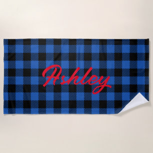 Black Blue Chequered Buffalo Pattern Personalise Beach Towel