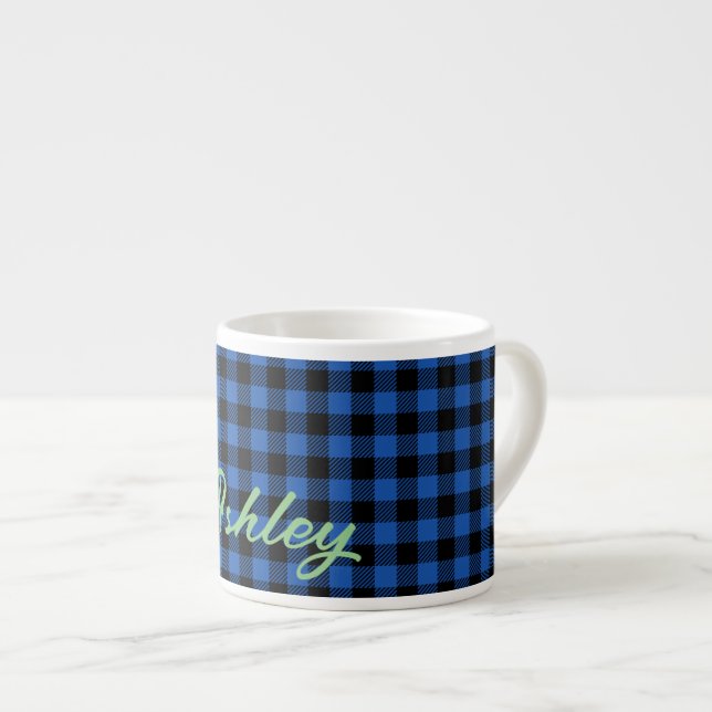 Black Blue Chequered Buffalo Pattern | Personalise Espresso Cup (Front Right)