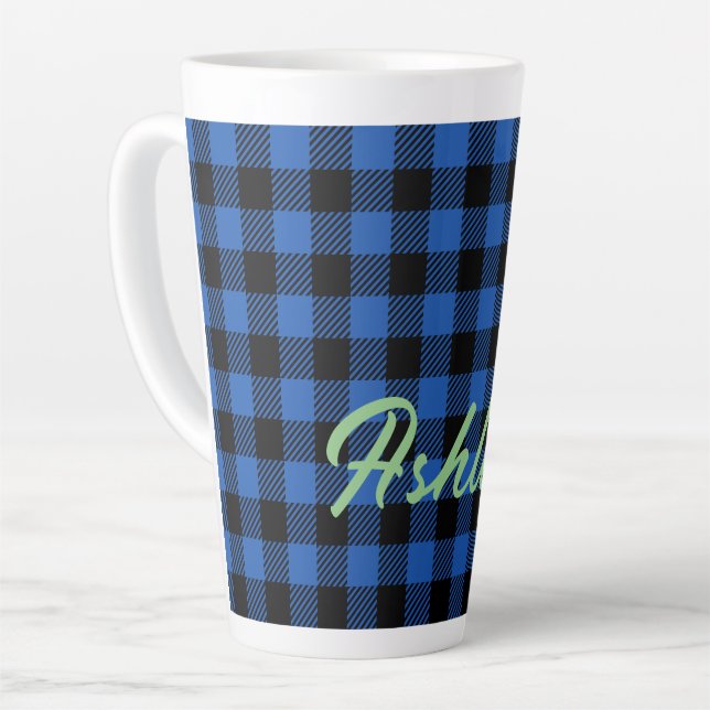Black Blue Chequered Buffalo Pattern | Personalise Latte Mug (Left Angle)