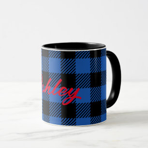 Black Blue Chequered Buffalo Pattern Personalise Mug