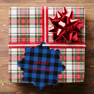 Black Blue Chequered Buffalo Pattern Personalise Tree Decoration Card