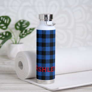 Black Blue Chequered Buffalo Pattern Personalise Water Bottle