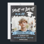 Black Blue Cool Chalk Photo Graduation Save The Date<br><div class="desc">Cool graduation save the date card with a printed chalkboard background and a cool chalkboard font with a blue banner and white graduation cap in a distressed look. Add a photo of the graduate inside a brush stroke frame. Distressed chalkboard graduation save the date card personalised with a photo and...</div>