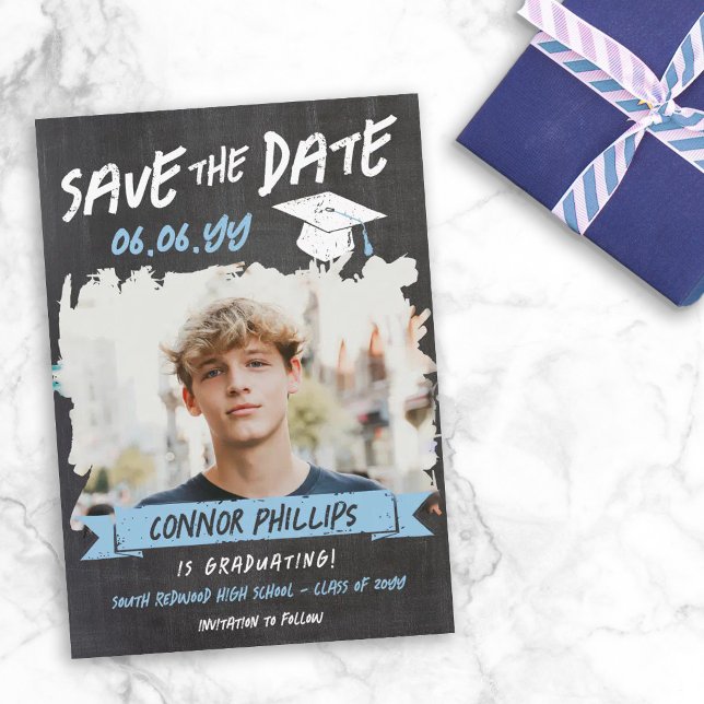 Black Blue Cool Chalk Photo Graduation Save The Date (Creator Uploaded)