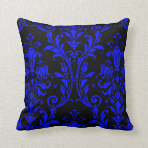 Black & Blue Damask Floral Swirls 2 Cushion