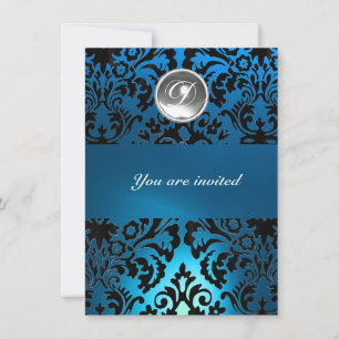 BLACK & BLUE DAMASK GEM STONE MONOGRAM white Invitation
