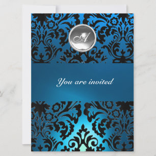 BLACK & BLUE DAMASK GEM STONE MONOGRAM white Invitation