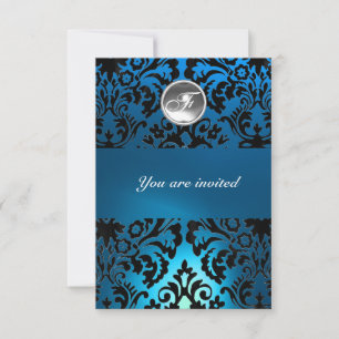 BLACK & BLUE DAMASK GEM STONE MONOGRAM white Invitation