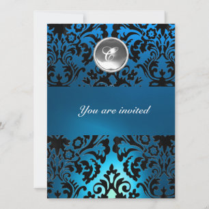 BLACK & BLUE DAMASK GEM STONE MONOGRAM white Invitation