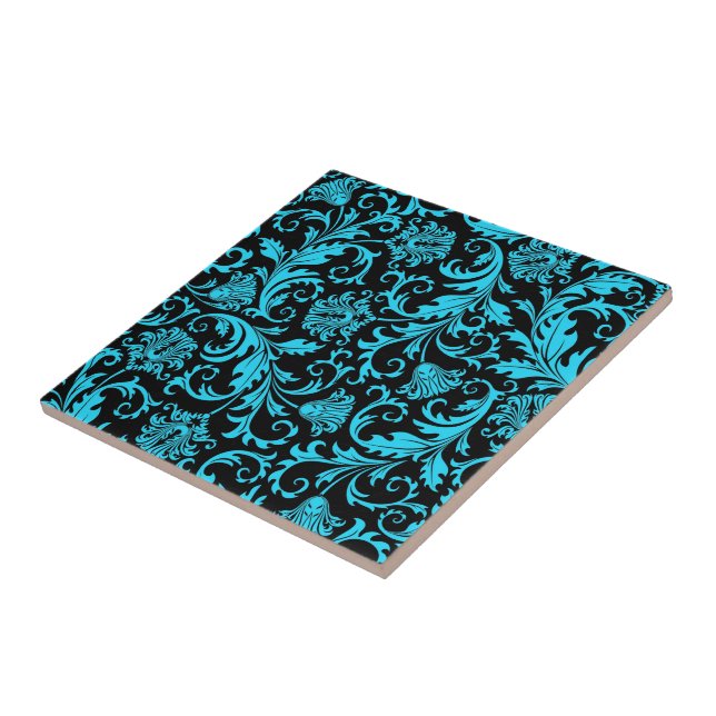 Black & Blue Elegant Floral Damask  Pattern Tile (Side)