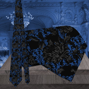 Black & Blue Floral Damask Gothic Wedding Tie