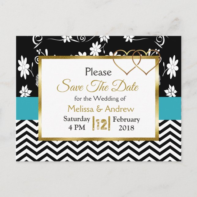 Black & Blue Floral Hearts Save the Date Announcement Postcard (Front)