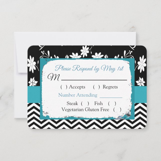 Black & Blue Floral Hearts Wedding RSVP card (Front)