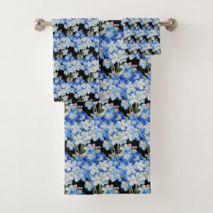 BLACK BLUE FLORAL PATTERN BATHROOM TOWEL SET