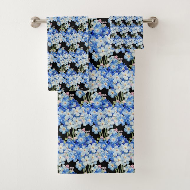 BLACK BLUE FLORAL PATTERN BATHROOM TOWEL SET (Insitu)
