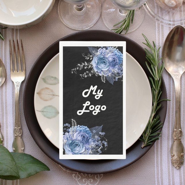 Black blue florals business logo napkin (Creator Uploaded)